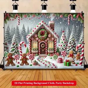 2D Flat Printing Backdrop Banner 1pc, Gingerbread House In Snowy Landscape Vibrant Polyester Background Cloth for Family Party, Wedding, Birthday, Christmas, Thanksgiving, Fall, Entryway, Room Decorations, Easy to Set Up, Reusable