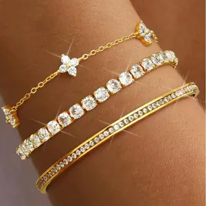 CASSIECA 3PCS Bracelets for Women Silver Gold Stainless Steel Bracelet 14K Gold-Plated Silver Bracelet Stackable Bracelets Women's Gold Jewelry