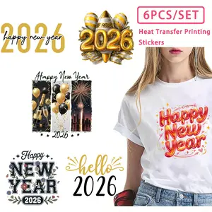 6PCS,2D 6Pcs 2026 Happy New Year Heat Transfer Stickers Set with Balloon Firework Rocket Designs DIY Iron on Transfers for T Shirts Hoodies New Year Party Costume Decorations 2026 Festival Apparel A