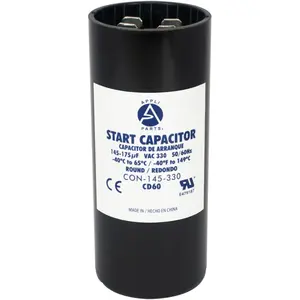 Appli Parts motor start capacitor 145-175 Mfd (microfarads) uF 330 VAC universal fit for electric motor applications 1-7/16 in Wide 3-3/8 in Height CON-145-330