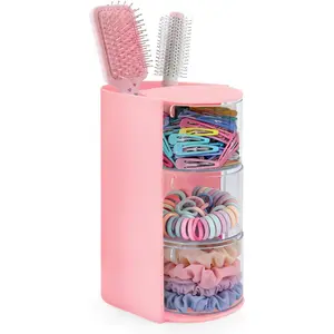 Hair Accessories Organizer with Hair Brush Holder, Rotating Hair Tie Product Organizer for Girls, 3-Tier Makeup Brush Holder for Clips, Bows & Brushes (Pink, 3-Tier)