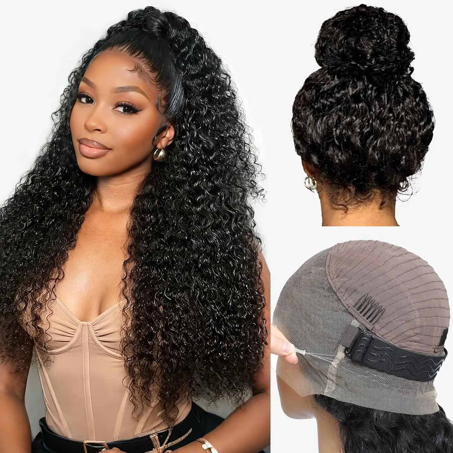Hidden Strap Water Wave 360 Lace Front Wigs Human Hair Bleached Knots Glueless Pre Plucked Pre Cut  360 HD Full Lace Frontal Wigs with Drawstring Snug Fit