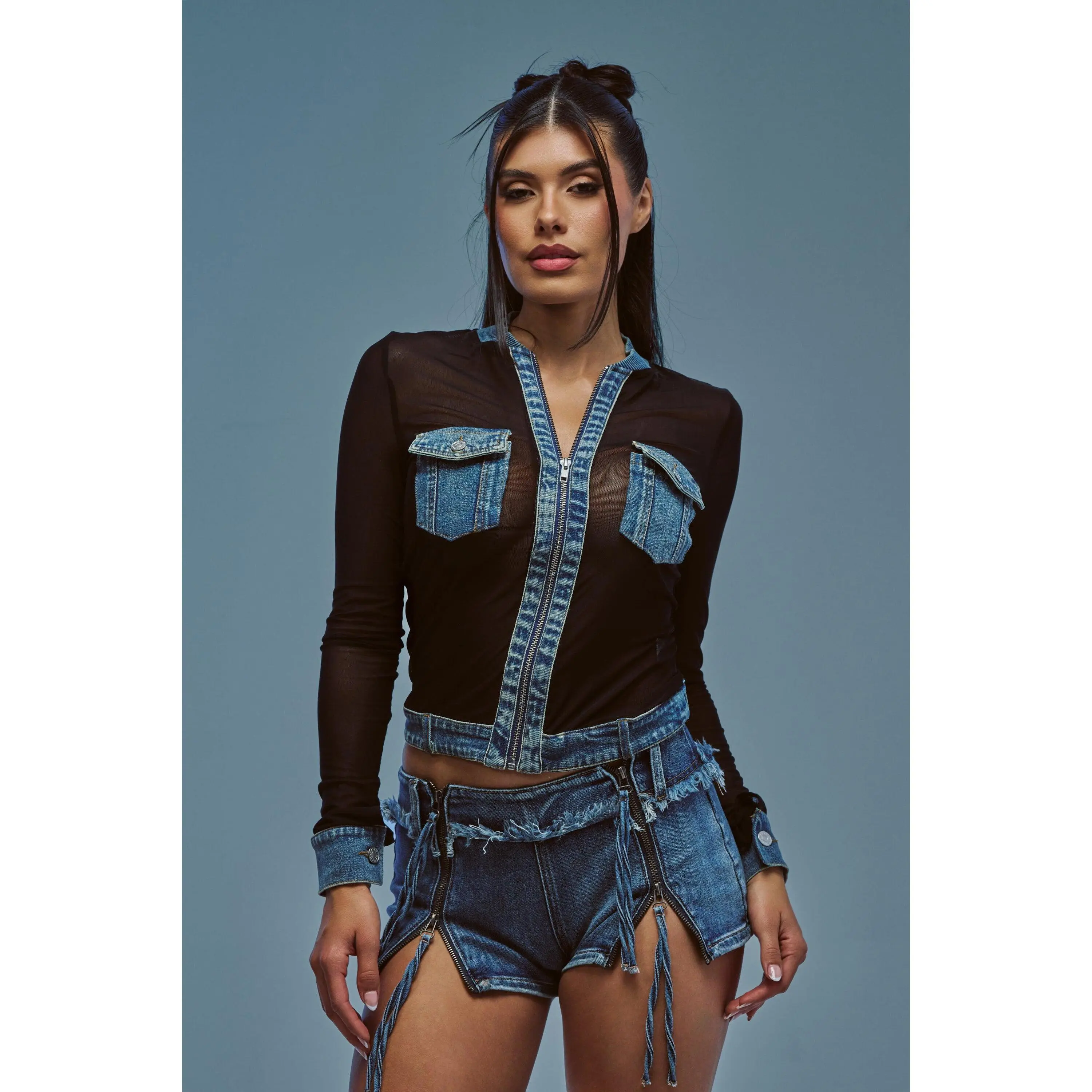 DENIM TRIM MESH ZIP UP TOP