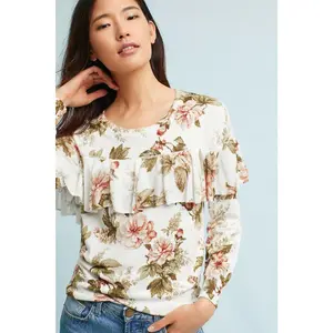 New Anthropologie Floral Ruffled Pullover by Harlyn $118 Size Small Long Sleeve