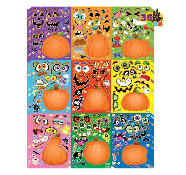 36 PCS Halloween Pumpkin Stickers, Halloween Party Favor for Kids, Art Crafts Party Supplies, Pumpkin Decorating Face Sticker Sheets with 9 Designs, Halloween Goodies Classroom Activities Games Decoration Gift