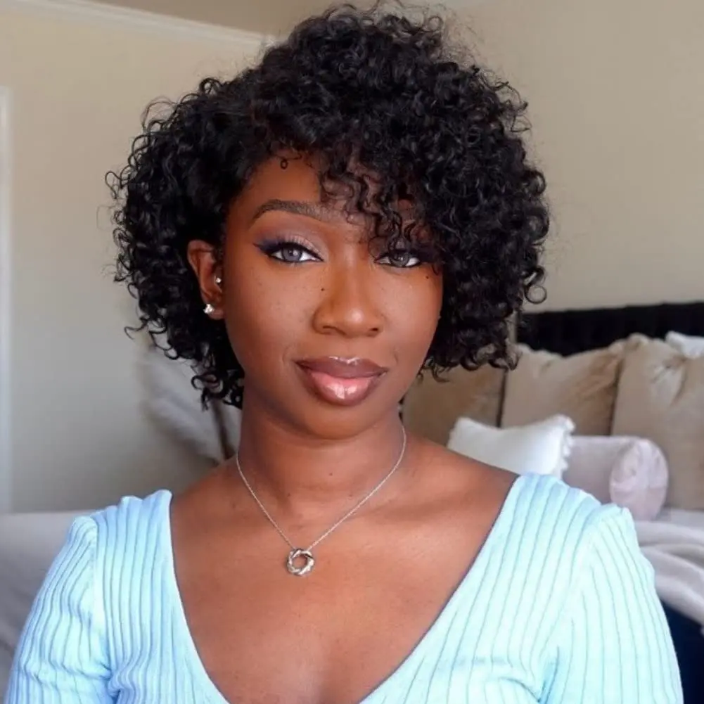 Bling Hair Pixie Cut Curly Wig Human Hair Curly Bob Wig Human Hair Short Pixie Wigs For Black Women Side Part Full Machine Made Wigs For Daily Use Beginner Friendly 6inch