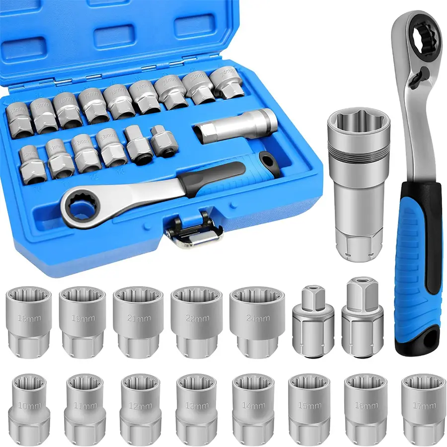17-Piece Pass Through Socket Set, Metric 10–24mm, Hollow Ratchet Socket Kit for Automotive Repair & Machine Maintenance