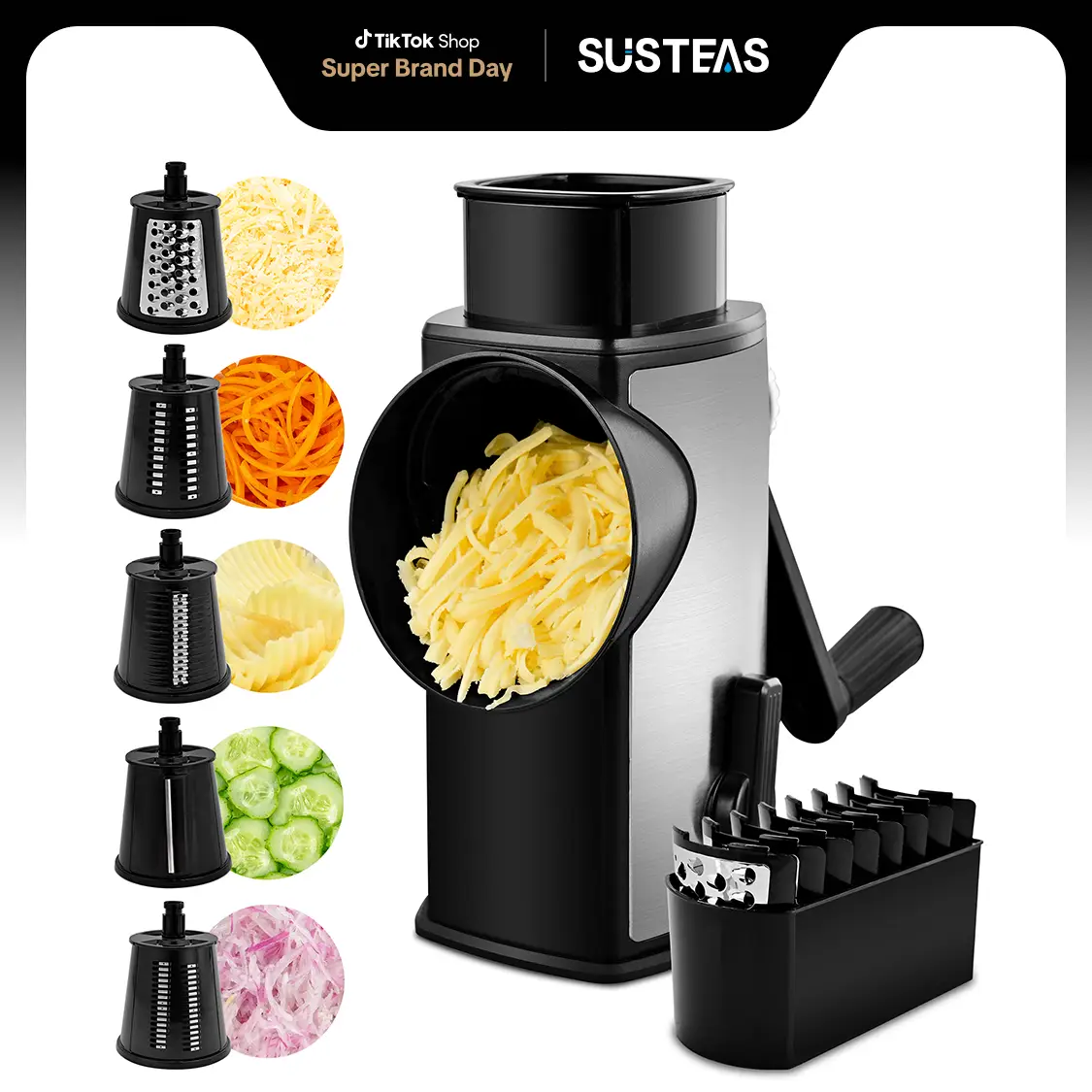 SUSTEAS Stainless Steel Rotary Cheese Grater with Handle - Comes with 5 Blades, Powerful Suction Cup Base, Comes with Blade Storage Box Cutlery Kitche