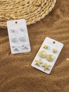 Women's Starfish Shell Design Earrings Set, Summer Ocean Style Beach Jewelry Gift, Casual Alloy Ear Studs for All Seasons