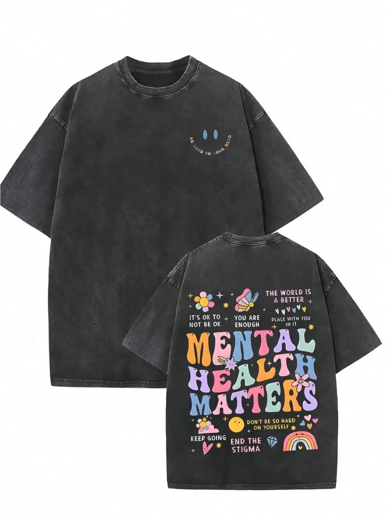 Pre-Washed 100% Cotton Mental Health Matters Graphic T-Shirt, Double Sided Print Y2K Floral Rainbow Heart Healing Hand Drawn Tee, Positive Mental Health Awareness Streetwear Shirt For Men , Casual Daily Comfort Top Perfect Encouragement Gift For Friends