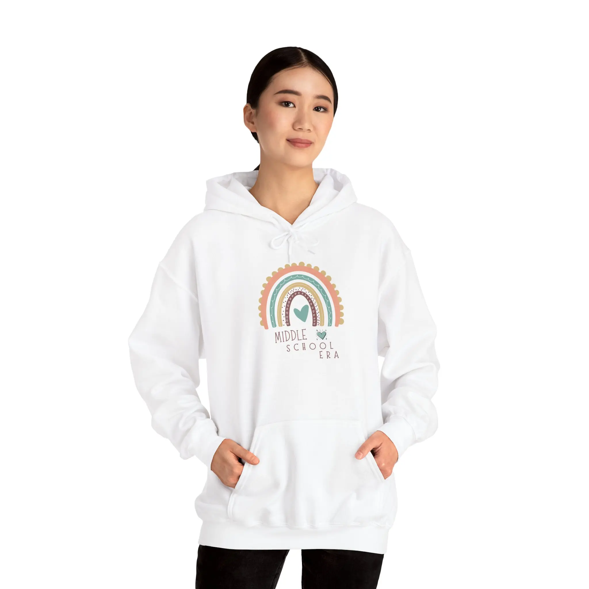 Middle School Boho Rainbow Heart Hoodie gifted | Cozy Pastel Rainbow Sweatshirt | Youthful and Children | Teen Pullover Era | Back to Middle School | Oversized Long Sleeve Aesthetic | Minimalist Streetwear | Female Girl Attire