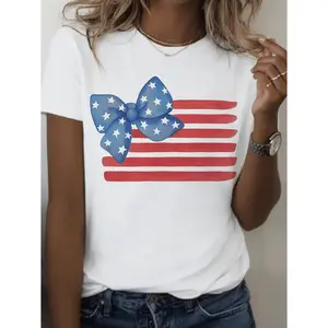 Women'S Patriotic Retro American Flag T-Shirt - Red White And Blue Star Bow Design, Soft Stretchy Fabric, Fade And Shrink Resistant, Great Gift for Family And Friends, 100%, Festive Holiday Graphic Tee, Suitable for All Seasons