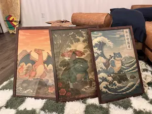 Kanto Starters Poster Featuring Charizard, Venusaur & Blastoise, Retro Anime Wall Art for Game Room or Kids Space, Unframed Wall Art, Home Decor