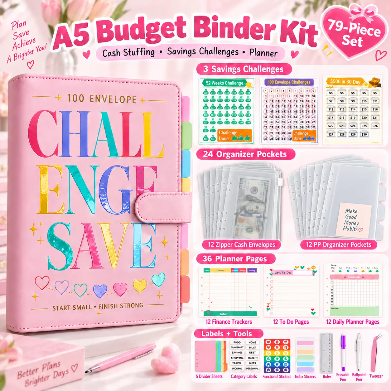 79-Pieces A5 Budget Binder Kit, Money Saving Binder with Cash Envelopes, 3 Reusable Savings Challenges, DIY Planner Accessories, Money Tracking Planner Pages & PP Organizer