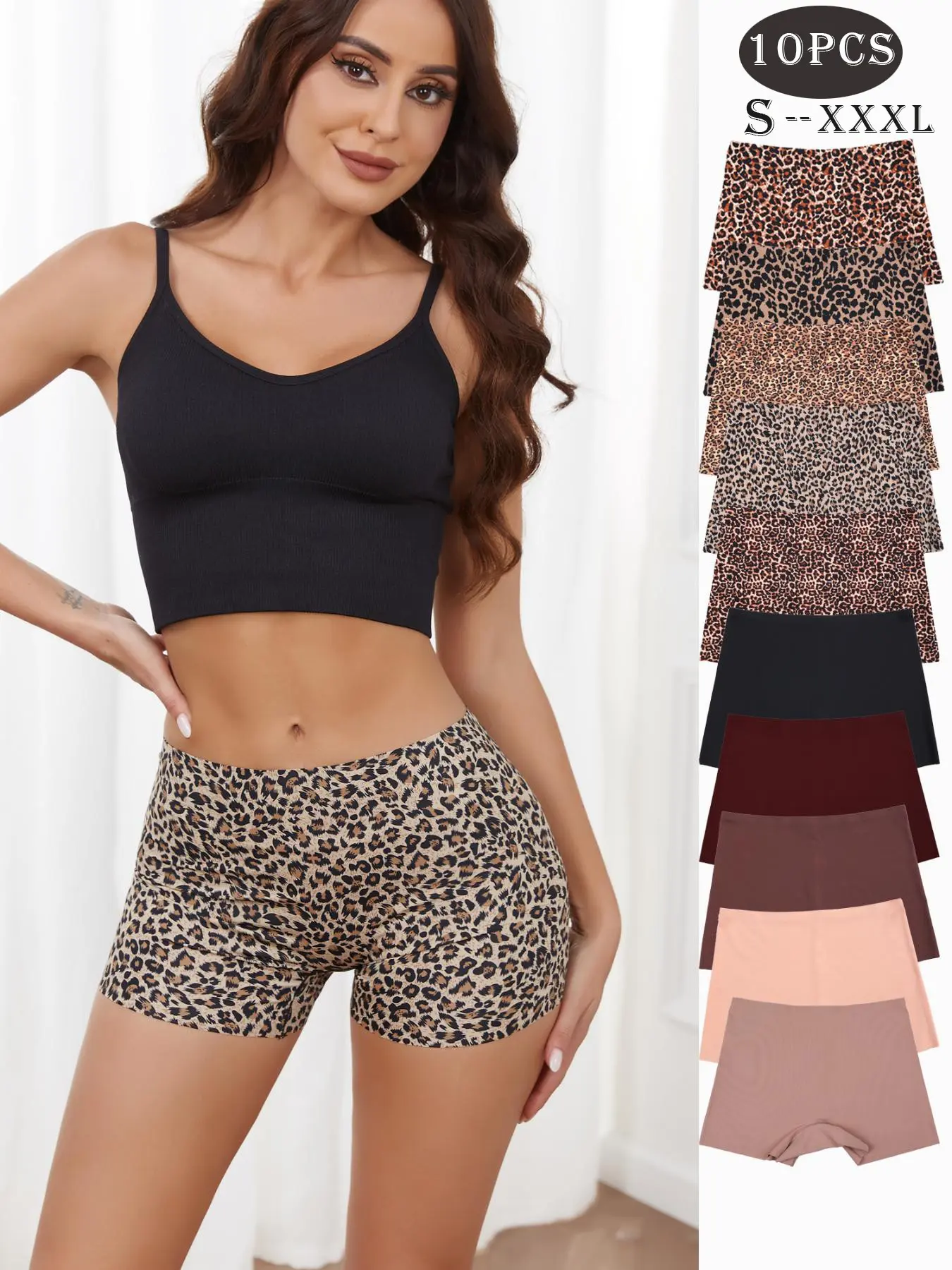 Women's Leopard Print Seamless Breathable Design Boyshorts, Casual Solid Color Natural Waist Soft Breathable Fitted Panties Set, Casual Comfy Panty, Comfy Breathable Elastic Knit Underwear for Women