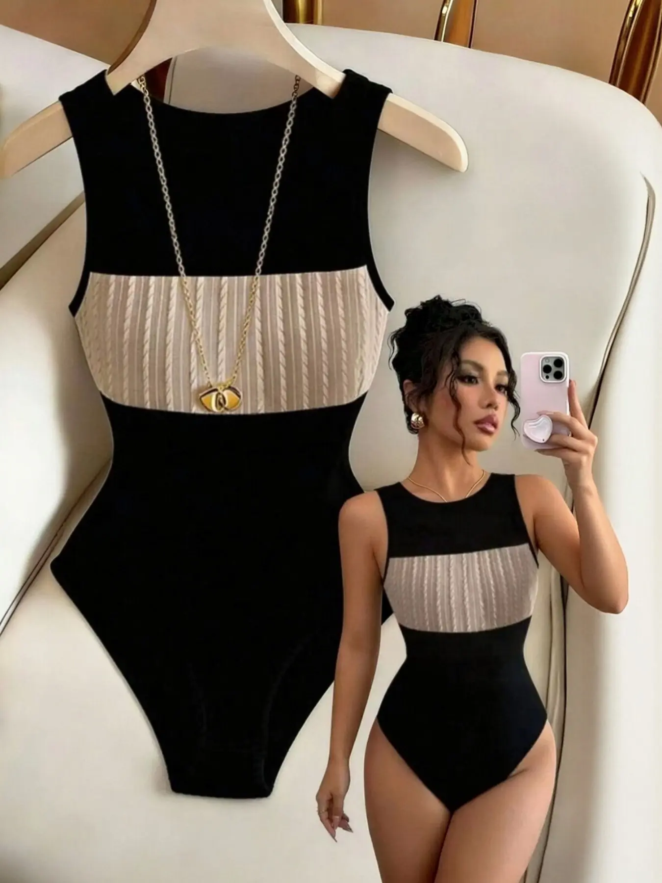 Women's 2026 Summer New European Style Casual Sleeveless Vest, Round Neck Patchwork Silk Net Mesh One-Piece Top Bodysuits Jumpsuit, Fashionable and Comfortable, Womenswear