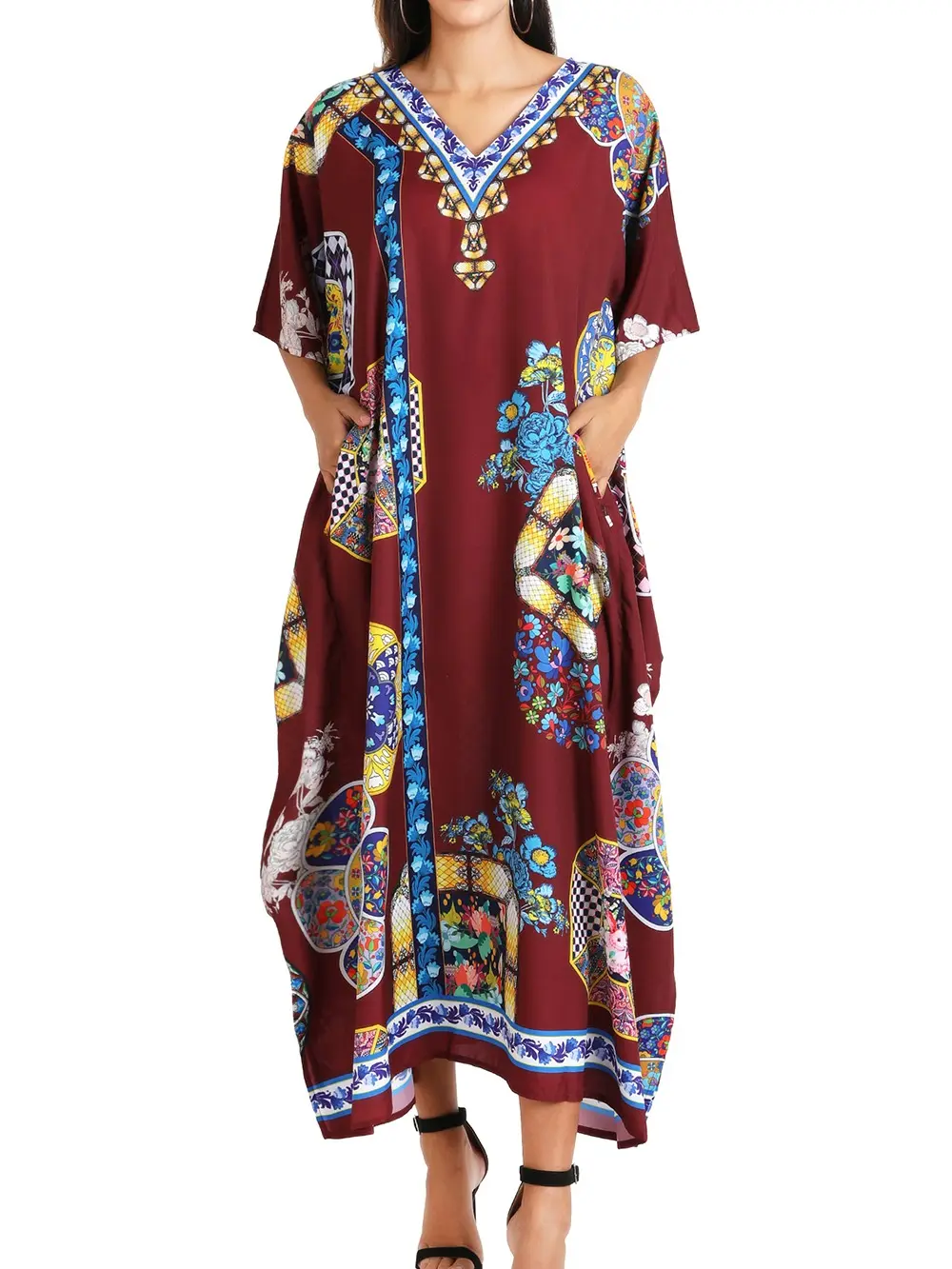 Miss Lavish London Women's Kaftan Long Maxi Style Dresses One Size 145 Maroon Casual Polyester Batwing Floral Multicolor Short Sleeve Machine Washable Elegant Fabric Fit