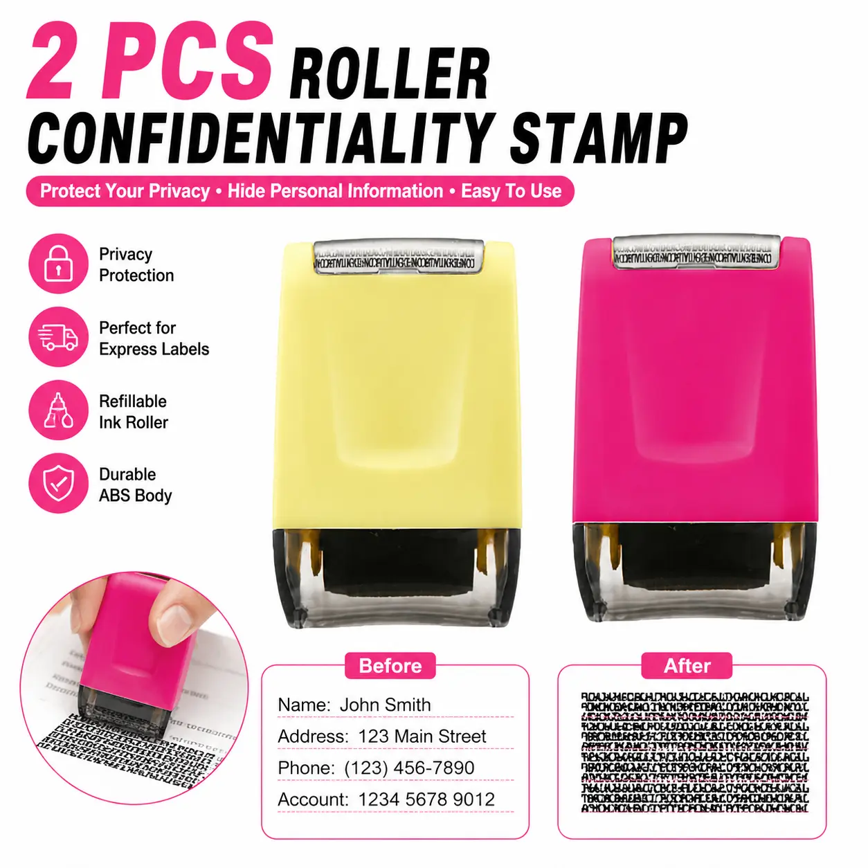 2-Pcs Confidentiality Roller Stamp Set, Scrambled Code Privacy Roller with 0.98" Width, ABS Plastic Body, Refillable Address/Phone Blocker for Express Labels & Bills (Black+Blue)