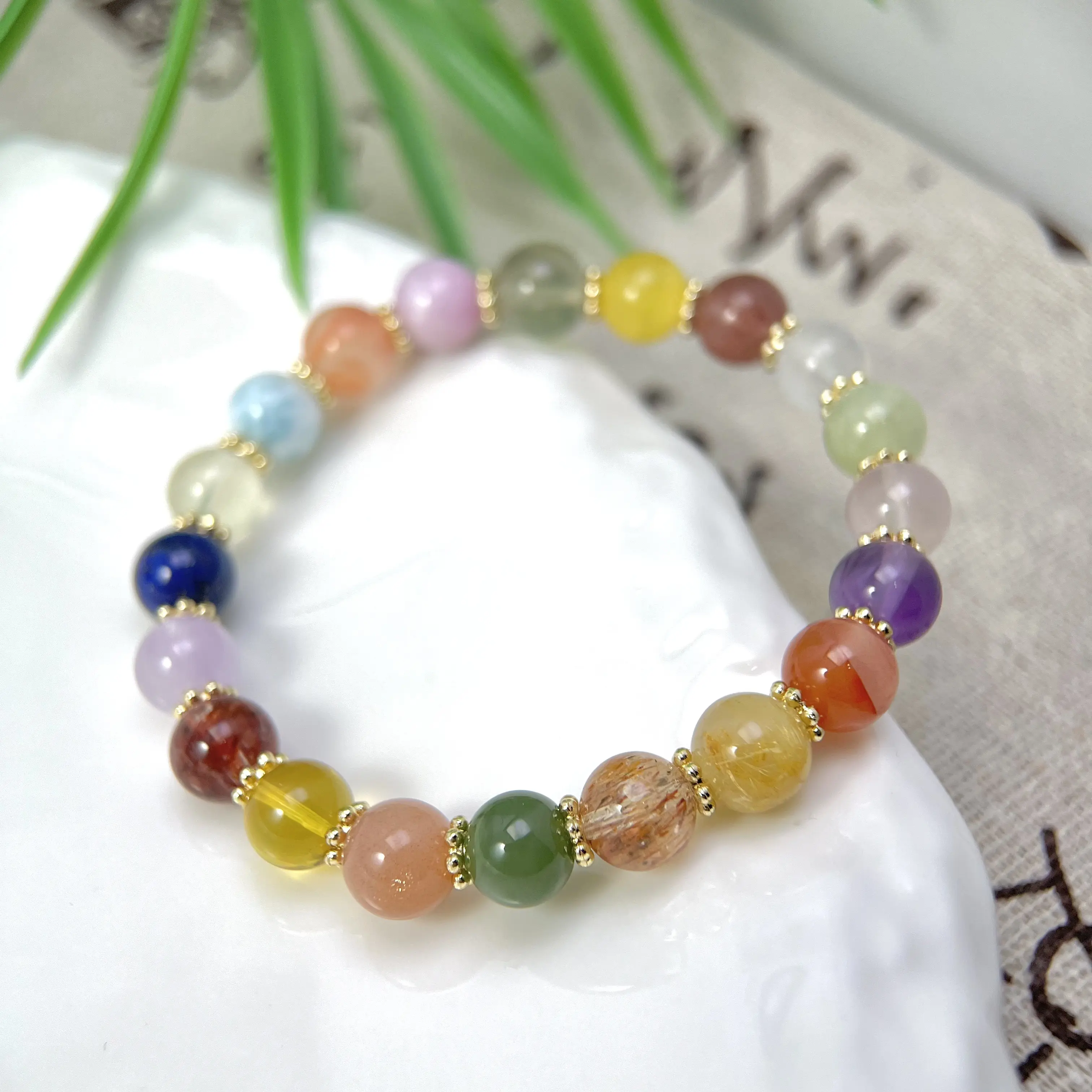 Women's DIY Colorful Rainbow Mixed-Gem Round Bead Single-Loop Bracelet, Natural Multi-Color Gemstone Jewelry for Daily Wear, Natural Crystal Accessory, Bracelets