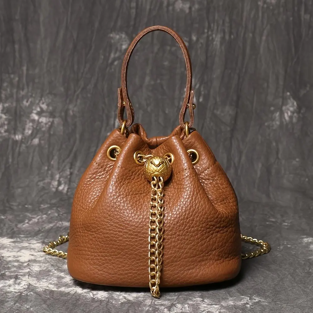 Genuine Leather Women's Handbags - First-Layer Cowhide Mini Bucket Bag with Gold Accent Hardware, Detachable Chain-Studded Strap, Crossbody Bags for Women, Lipstick+Wallet Fit Contemporary Multifunctional Multi-Way Fashion Accessory