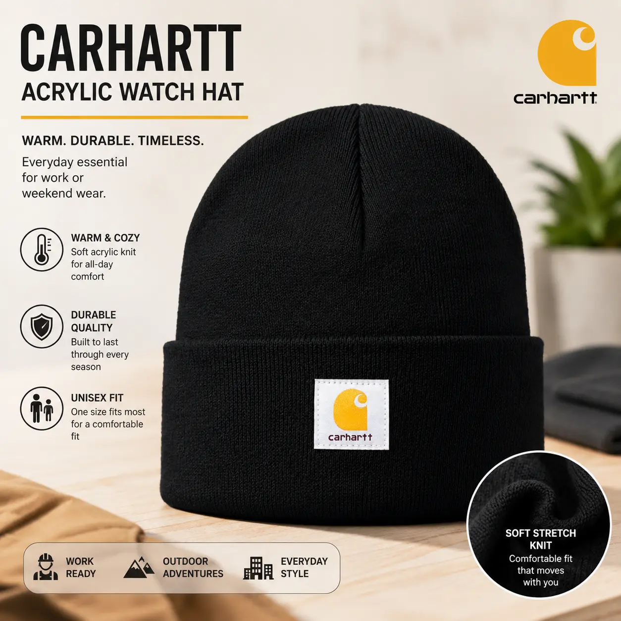 Carhartt Watch Hat Beanie for Men & Women, Classic Acrylic Knit Winter Hat, Warm Cuffed Beanie, Stretch Comfortable Workwear Cap, Cold Weather Outdoor Hat for Work, Hiking, Travel, Casual Streetwear & Everyday Wear