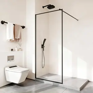 Fixed Glass Shower Panel 34 x 73.6 Inches, Full-Framed Shower Screen, 5/16 Inch Thick Clear Tempered Glass Door With Bottom Seal Strip And Hardware, Easy To Clean, Matte Black Bathroom Shower Enclosure