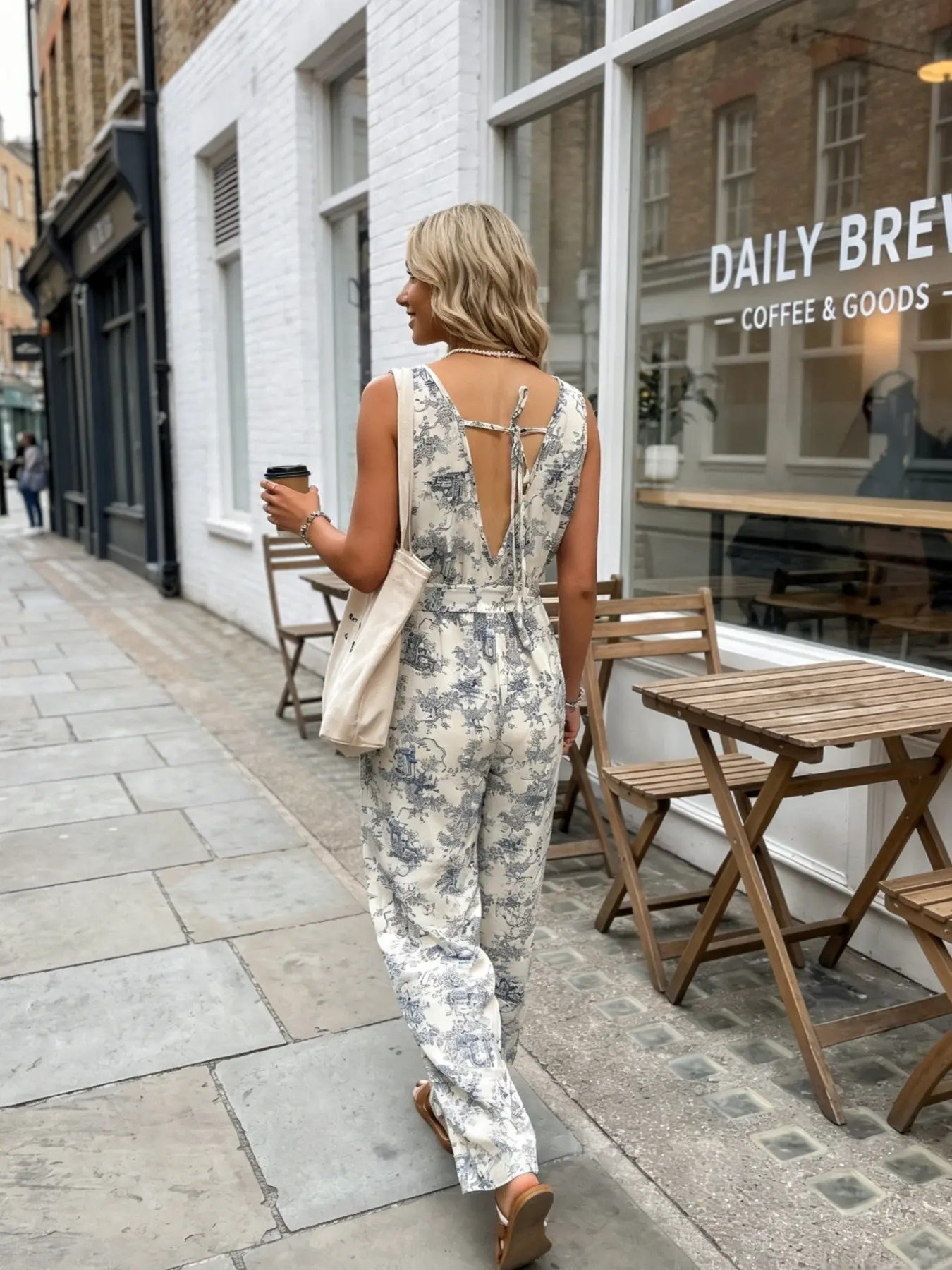 Women's Ditsy Floral Jumpsuit, Boho Sleeveless Blue Print, Waist Tie Back Adjustable Deep V, Wide Leg Summer Casual, Fitted Style