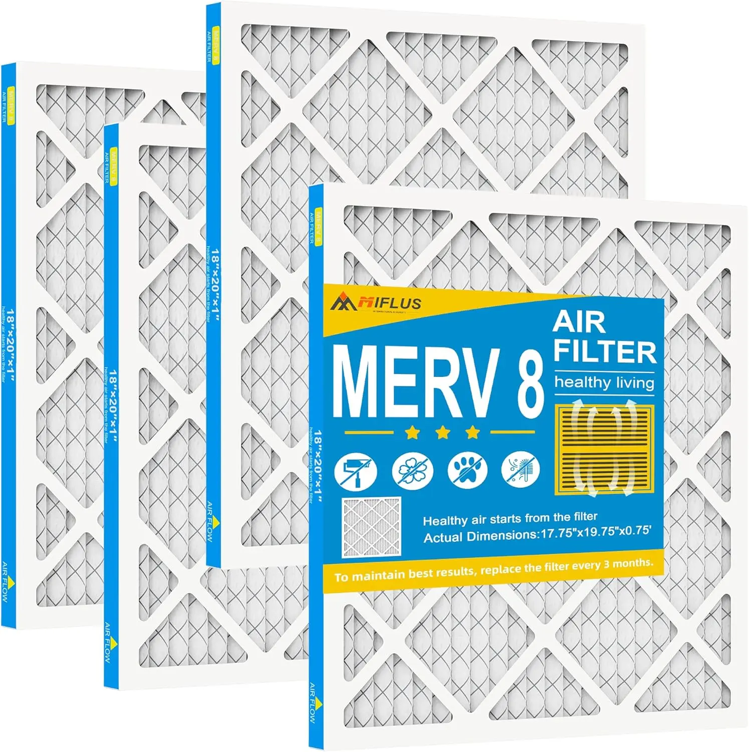 M8 18x20x1 Air Filter,Furnace Air Filter for HVAC,MERV 8 Air Filter, Dust Defense 4 pack