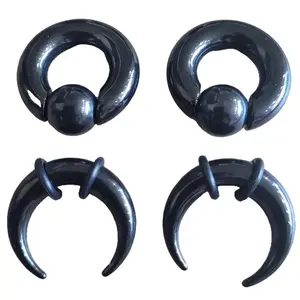 2 Pairs Black Steel Spring Loaded Captive Bead Ring Ear Pinchers Plugs Horseshoes Gauges 00g 0g 2g 4g 6g 8g big stretched men women cbr