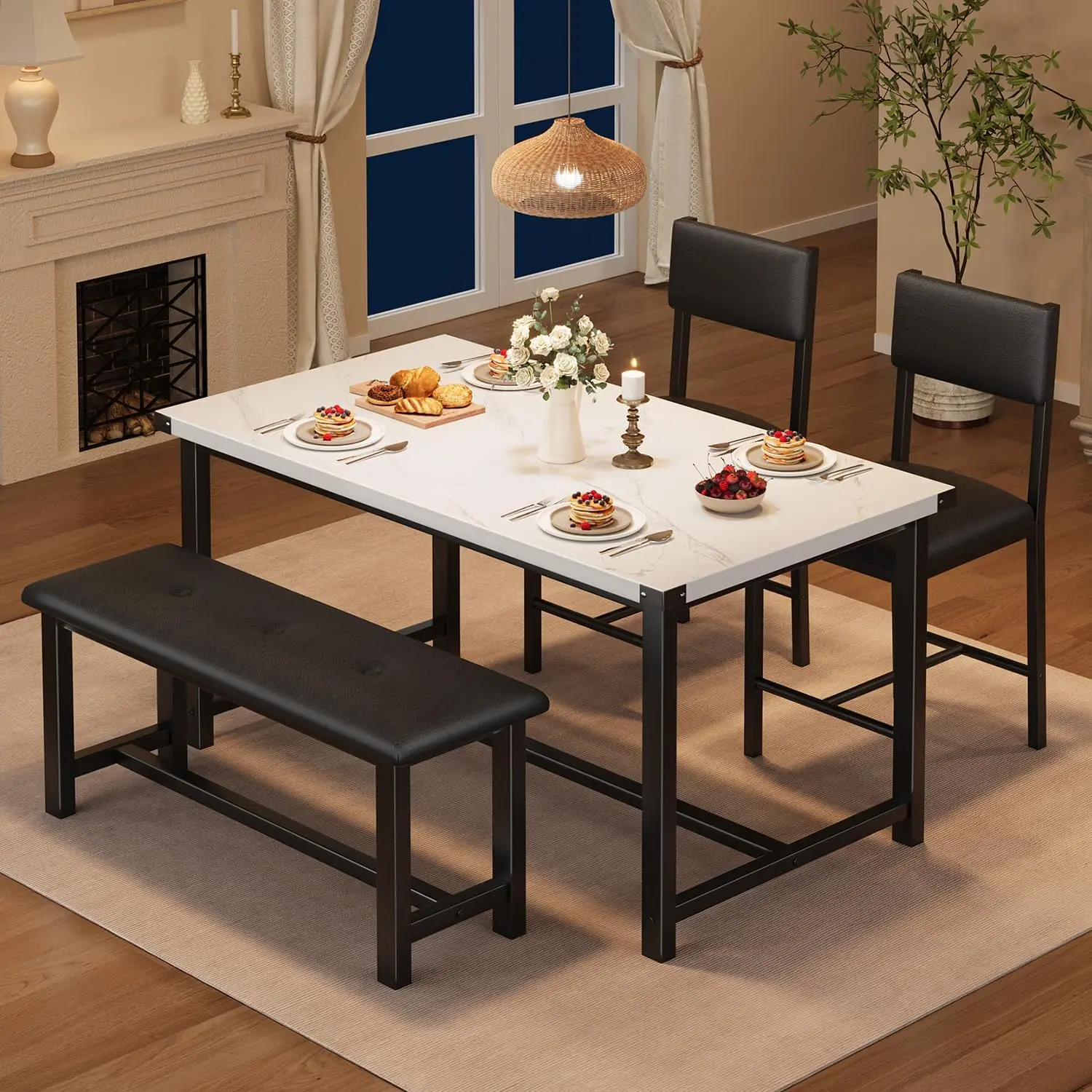Garvee Set of 4 Dining Tables, Kitchen Table with Benches and 2 Upholstered Chairs, for Dining Room and Kitchen, Apartment, Sturdy Frame, White Marble, 113 x 70 x 75 cm