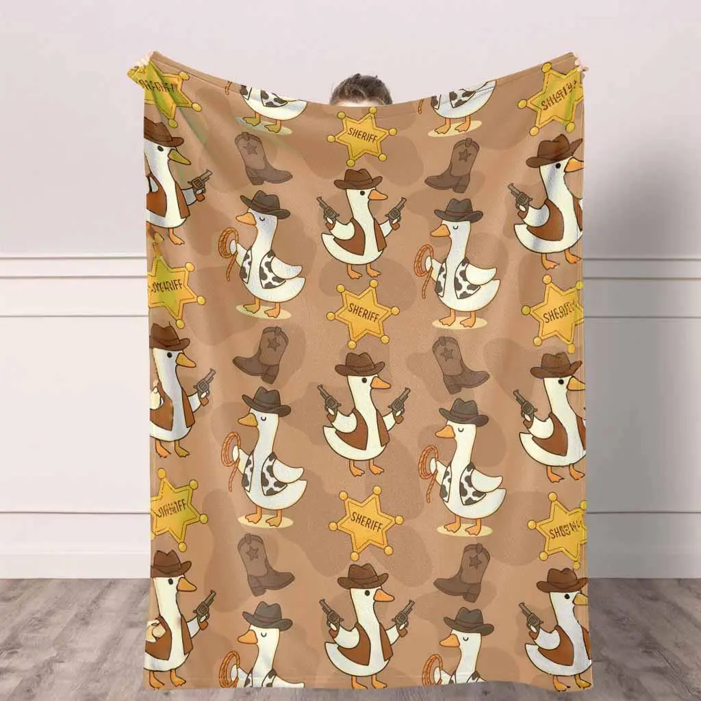Western Ducks Cowboy Sheriff Print Flannel Throw Blanket - Anti-Pilling, Wrinkle-Resistant, Ultra-Soft Lightweight Cozy, Ideal for Sofa-Bed Cozy Setup, Animal Lover Gift for Family