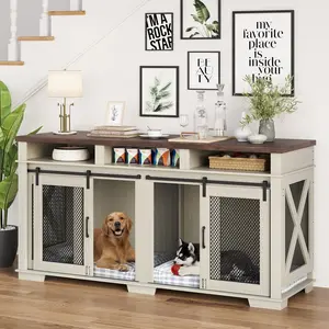 【GARVEE】Double Dog Crate Furniture, 71" Indoor Kennel with Removable Divider, 3 Storage Compartments, Sliding Barn Door Design, Stylish and Functional Dog Cage for Two Dogs
