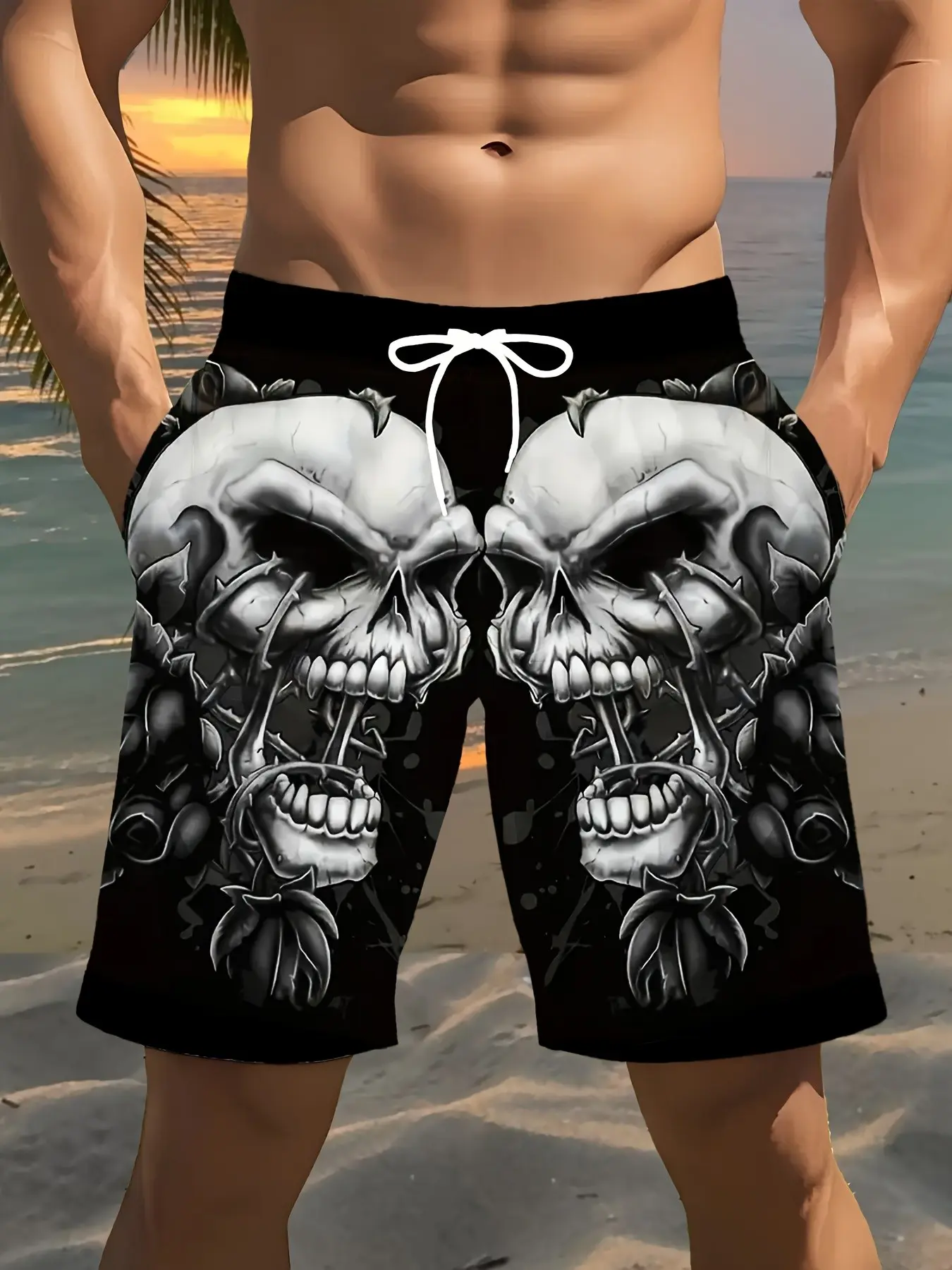 Men's Skull Pattern Beach Shorts, Swimwear Shorts, Swimming Shorts, Casual Summer Quick-Dry Swim Trunks, Lightweight Breathable Fashion Trendy Style