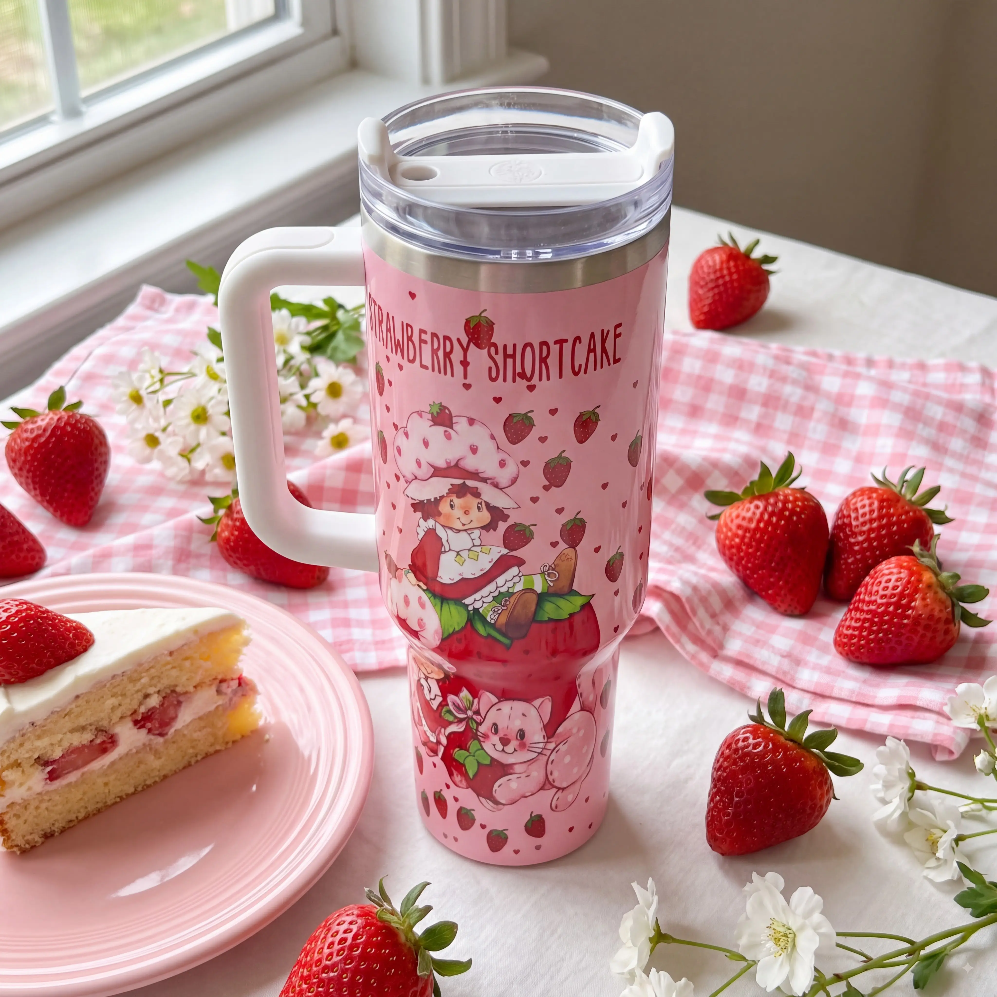 Strawberry Shortcake Pink Tumbler With Handle, Cute Retro Berry Sweet Character Travel Mug, Aesthetic Coquette Insulated Water Cup