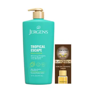 Jergens Natural Glow + Shea Fusions Tropical Tan Buildable Glow Tanning Bundle - Jergens Shea Fusions NEW Tropical Escape - Natural Glow Instant Sun Drops, Sunless Tanning for Face and Body, Instant Sun Custom Bronzing Drops, Oil Free, 1 Fl Oz