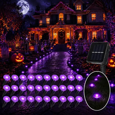 30-LED Purple Solar Ground Lights, Plastic Body, 8 Lighting Modes, IPX4 Waterproof, Halloween Spooky Glow Decorations, Solar Outdoor Lights for Lawns, Walkways, Halloween Decorations