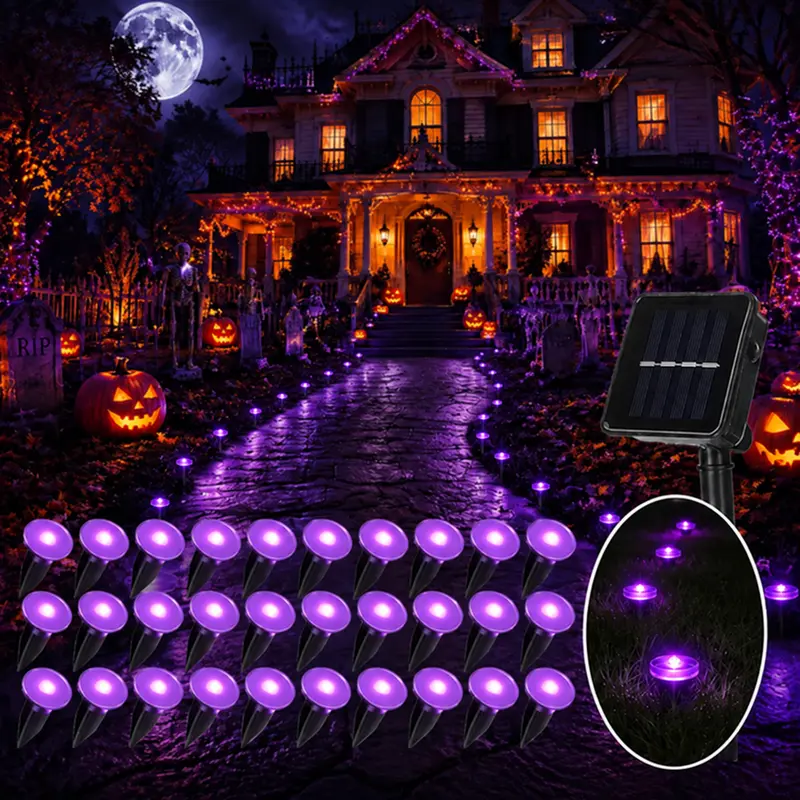 30-LED Purple Solar Ground Lights, Plastic Body, 8 Lighting Modes, IPX4 Waterproof, Halloween Spooky Glow Decorations, Solar Outdoor Lights for Lawns, Walkways, Halloween Decorations