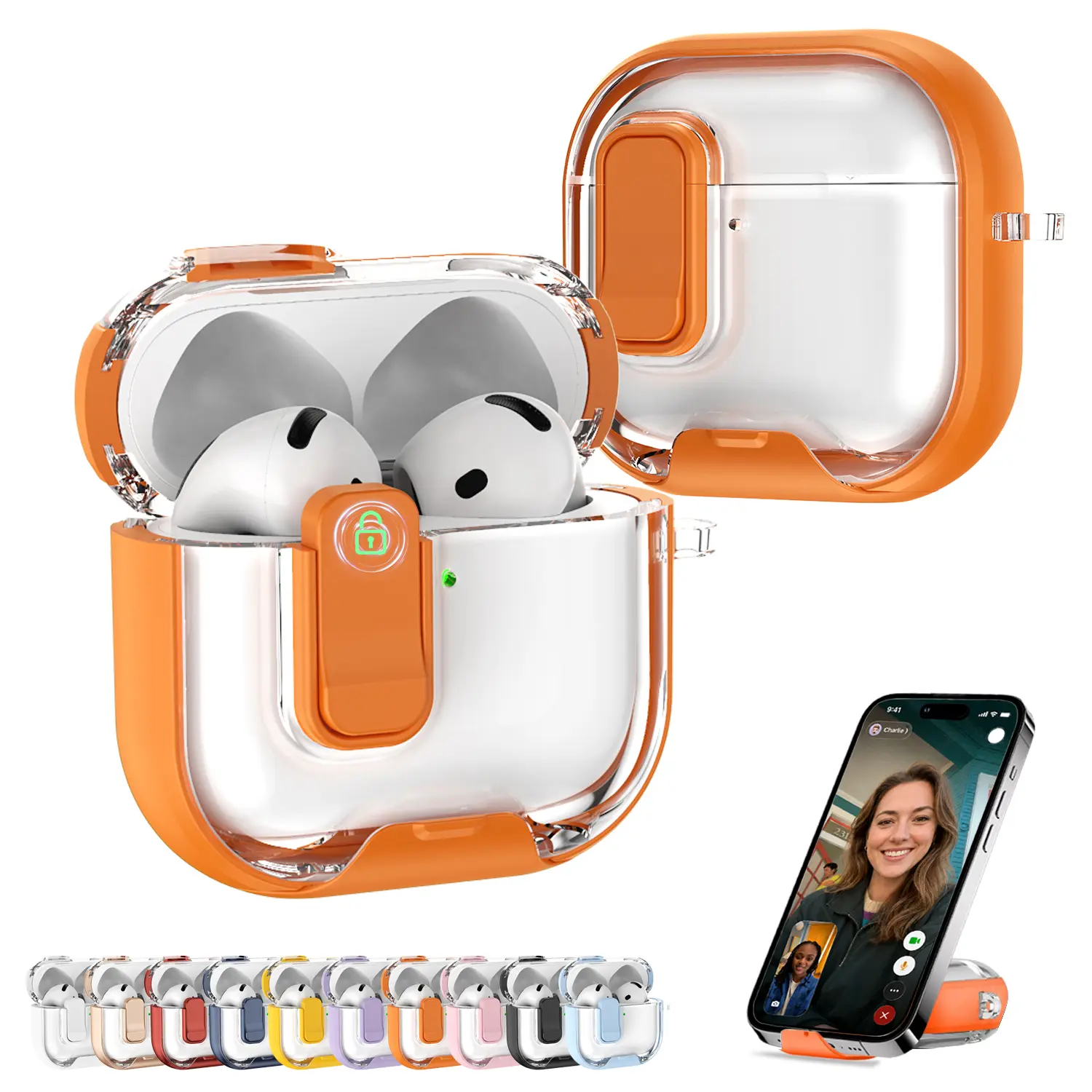 Clear Anti-Yellow Shockproof Protective Case for AirPods 4/3 & AirPods Pro/Pro2, with Secure Lock Kickstand, Wireless Charging Compatible, Anti-Lost Keychain Ring Earbud Cover