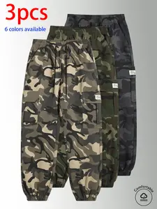 3-pack men’s long pants: men’s camouflage cargo jogger pants, loose slim fit multi-pocket casual pants with elastic drawstring design, available in multiple colors, suitable for everyday wear, holiday travel, and outdoor hiking.