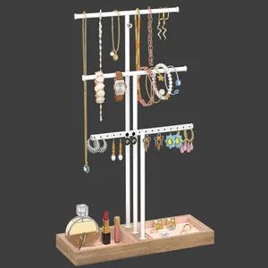 Jewellery Display Stand Organiser, Jewellery Holder with Metal Frame, Earring Organiser Necklace Holder, Gift Idea, White