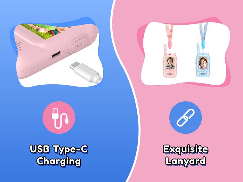 Kids Video Walkie Talkies, Rechargeable 2 Pack Handheld Video Intercom, Indoor Outdoor Toys for Camping Hiking Family Games, Ideal Christmas Gifts for Boys Girls Ages 3-12 (Blue/Pink)