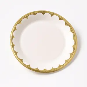 White Round Paper Plates with Metallic Gold Edge - 6.75"