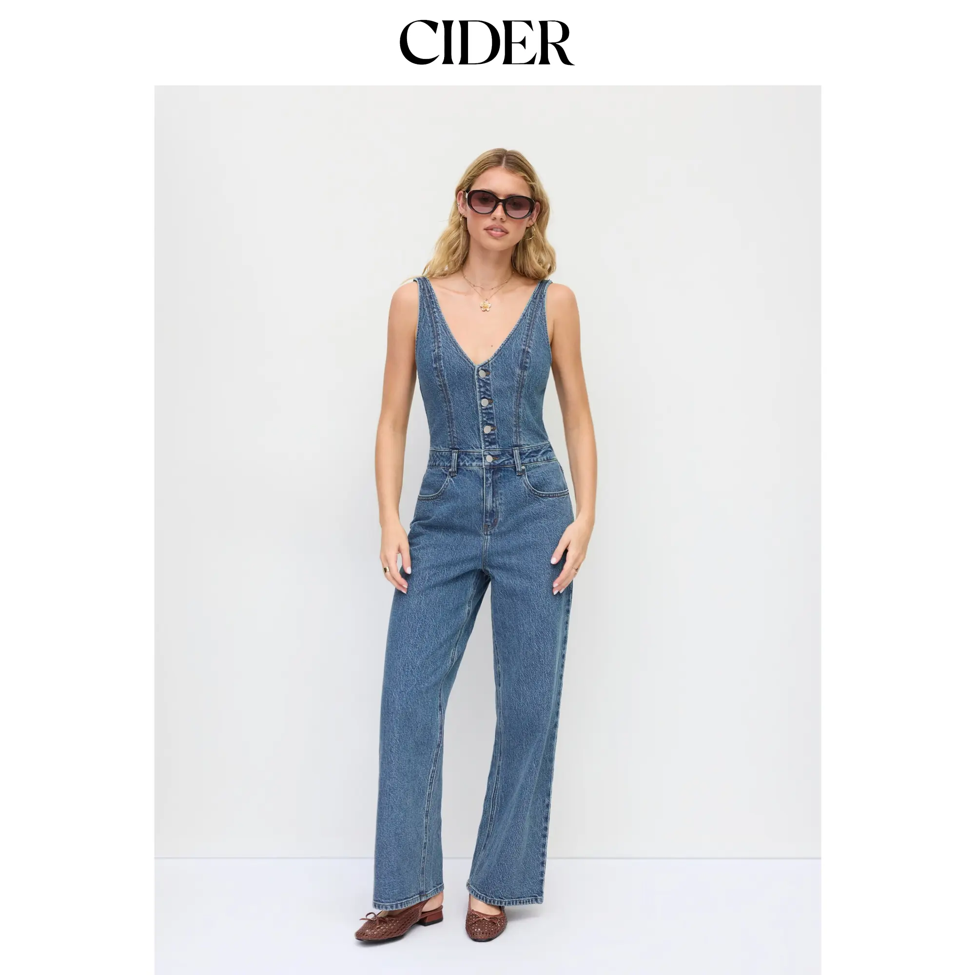 Cider Stretch Denim Mid Rise Scoop Neckline Metal Detail Wide Leg Jumpsuit