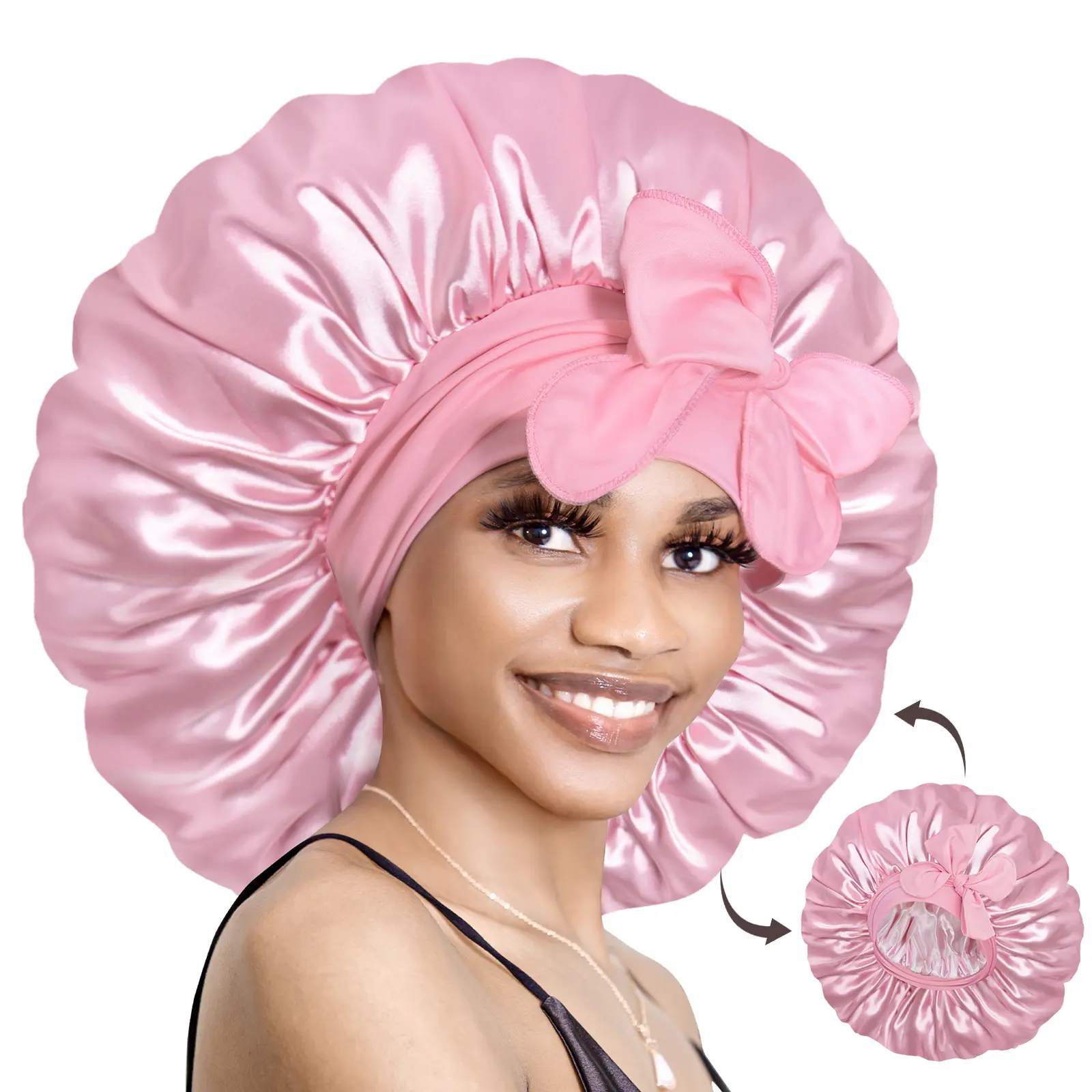 BONNET QUEEN Reversible Silky Satin Bonnet for Women, Large Double-Layer Sleep Cap with Adjustable Tie Band for Curly Hair & Overnight Curls
