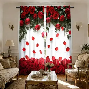 Two-Piece Curtain Set with Large Rose Flowers, Rose Cluster, Half-Privacy Curtains for Living Room, Bedroom, Dining Room, Home Decor, Window Curtain, Home Decoration Curtain, Window Drapes