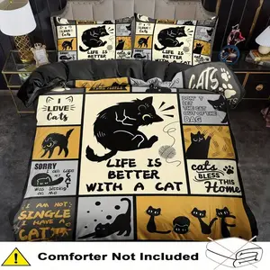 3pcs Patchwork Cat Pattern Quilt Set, Soft Polyester Fabric, Zipper Design, Modern Style Bedding Essentials, Must-Have Home Decor