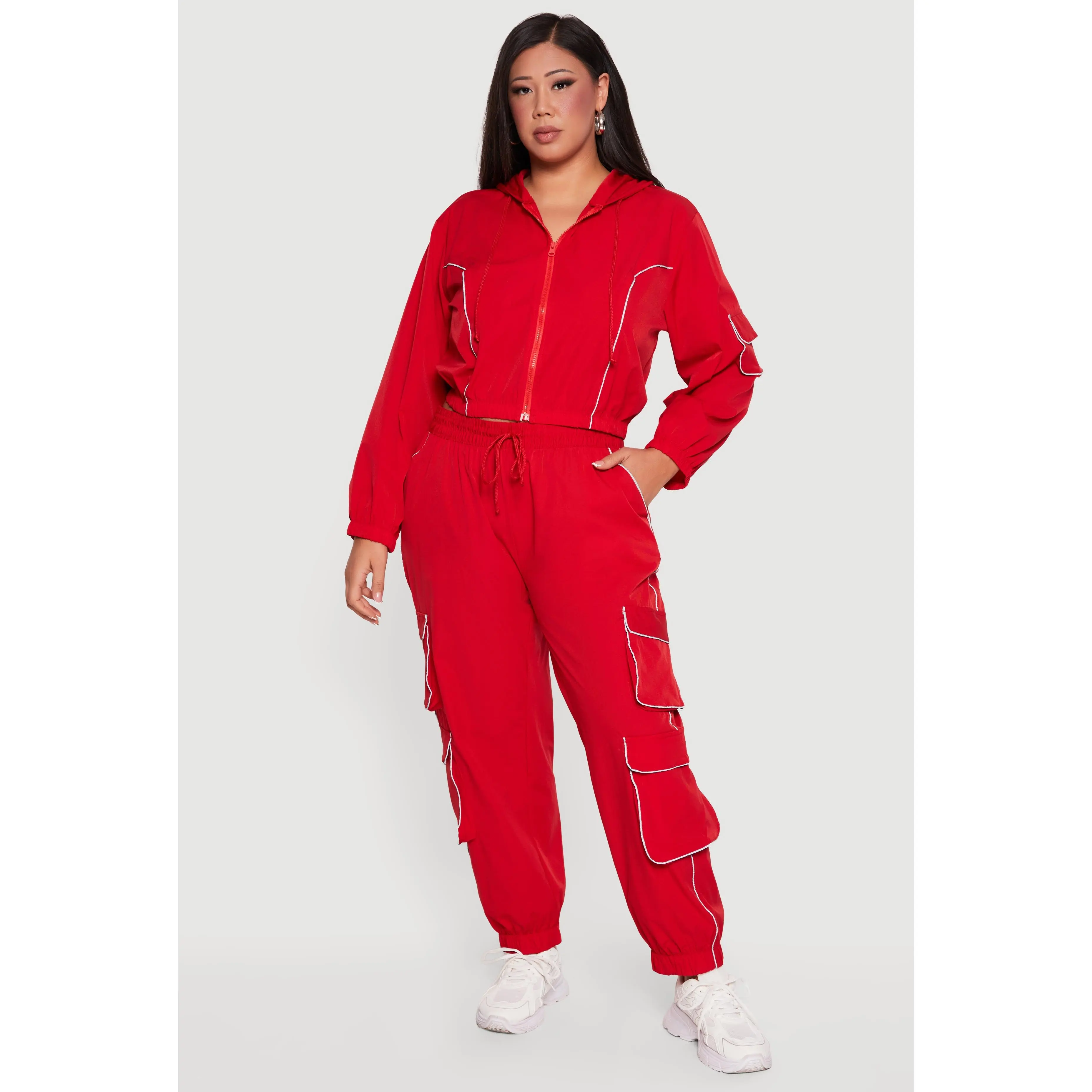 Plus Size Contrast Piping Trim Cargo Pocket Joggers