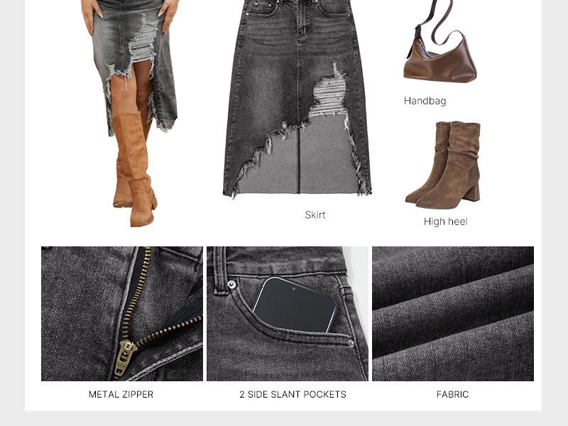 Asvivid Women Western Cowboy Denim with Pockets Midi Skirt Casual Cotton Jean Skirt Asymmetrical Slit Ripped Frayed Hem Skirts Basic Bottom for Daily Vacation Streetwear