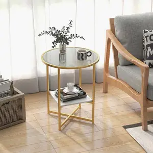 2-Tier Glass End Table Set of 2 with Faux Marble Storage Shelf