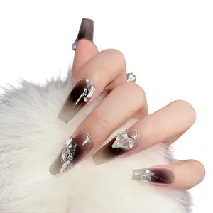 Tipora Press on Nails Long Coffin Black Heart Rhinestone  (#018)